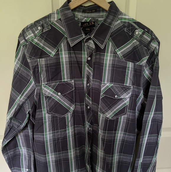 👣Helix Grey and Green Plaid Western Shirt - Picture 1 of 3